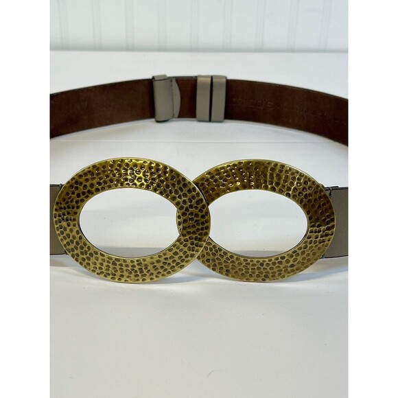 Chico's Belt Antique Gold Hammered Double Ring Closure Taupe/Grey Adjustable - Picture 4 of 7